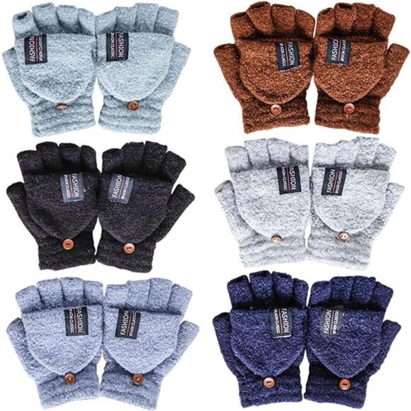 6 Pairs Unisex Winter Gloves with Mittens Cover Cap Knitted Convertible Gloves